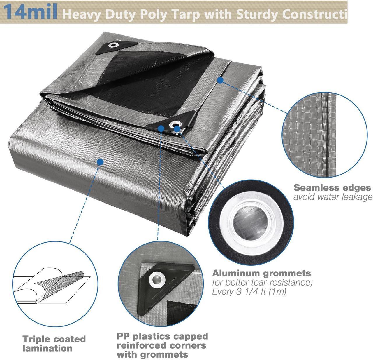 Alt view image 6 of 7 - Yescom 20x24 Ft 14 Mil Poly Tarp Protective Cover Tarpaulin Heavy Duty UV Resistant