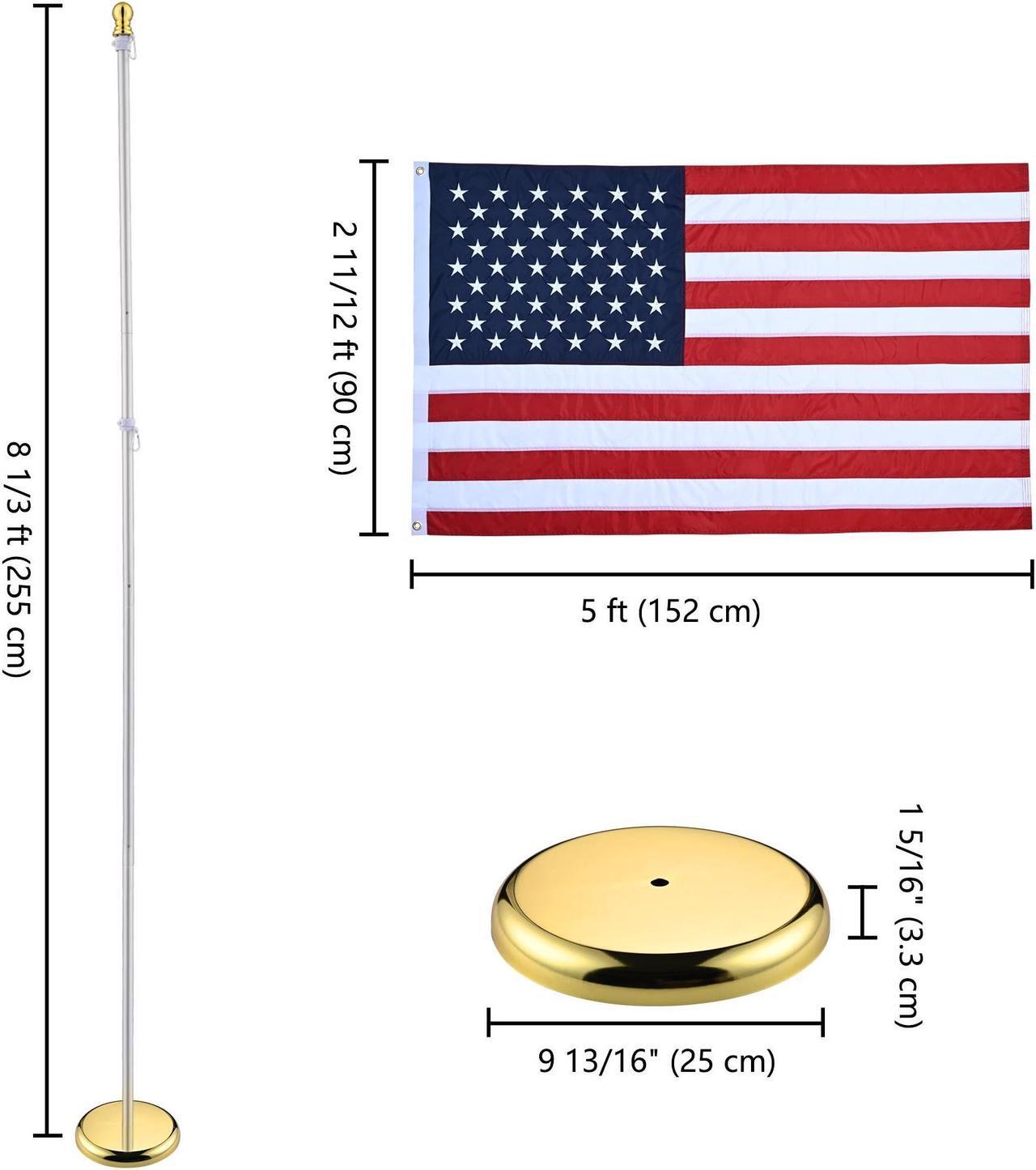 Alt view image 4 of 7 - Yescom 8 Ft Sectional Indoor Flag Pole Kit Gold Ball Base Aluminum 3x5 Ft  US Flag