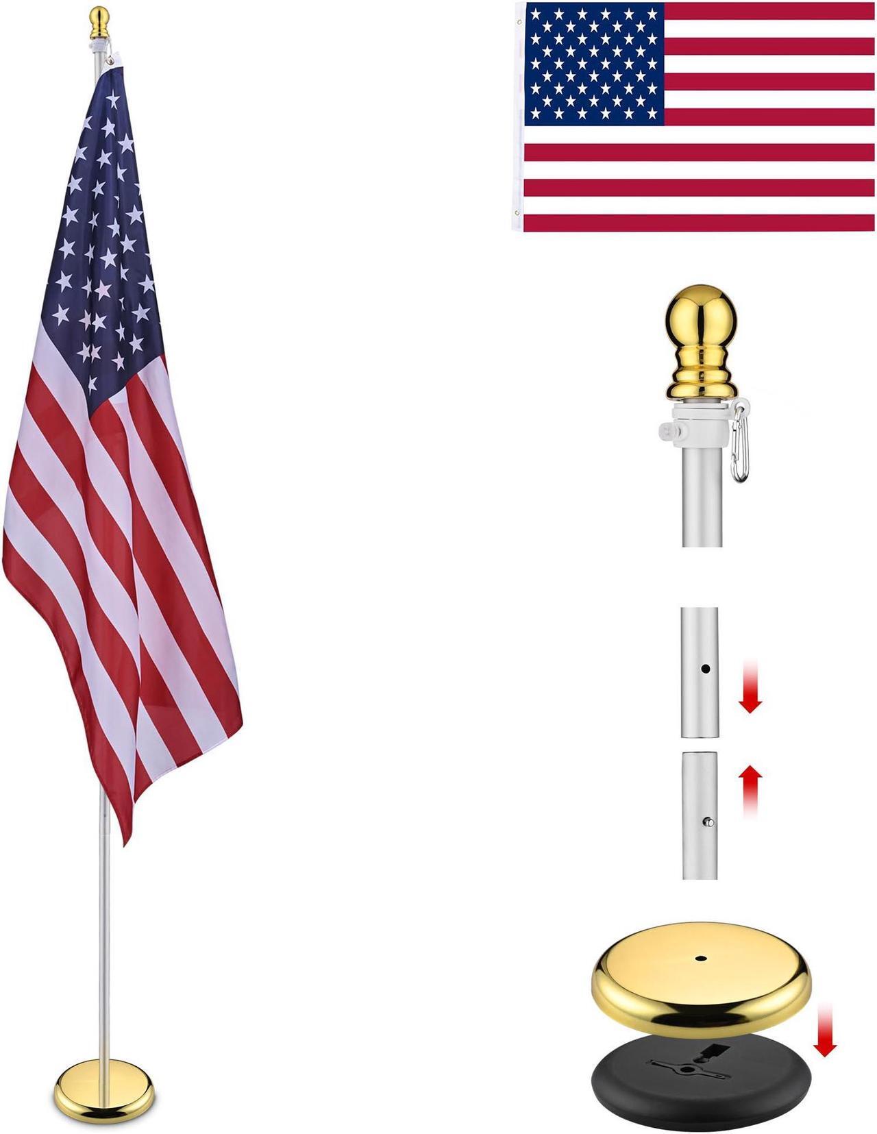 Main image of Yescom 8 Ft Sectional Indoor Flag Pole Kit Gold Ball Base Aluminum 3x5 Ft  US Flag