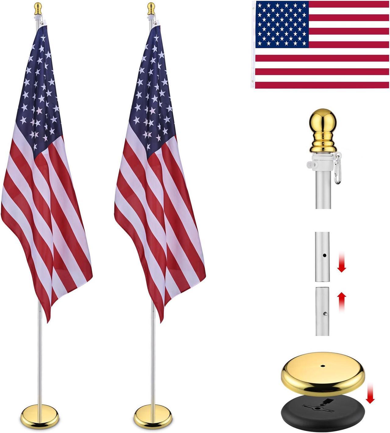 Yescom 2 Pack 8 Ft Sectional Flag Pole Kit Gold Ball Finial 3x5 Ft US Flag Indoor