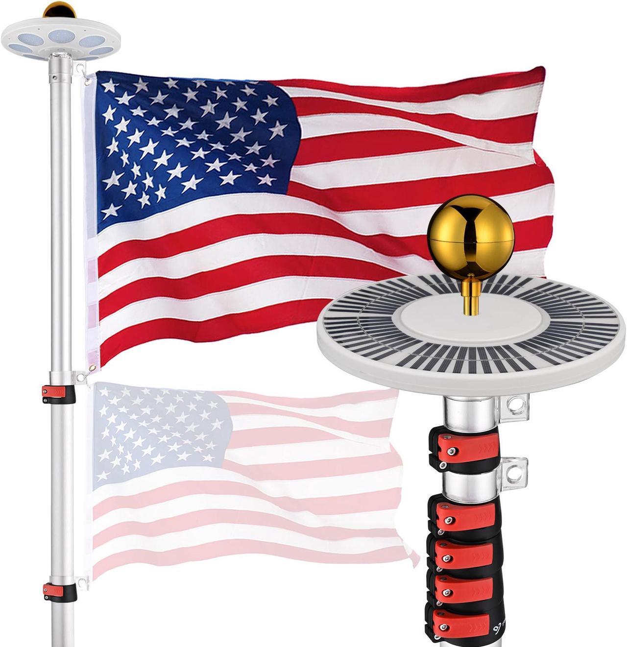 Yescom EZ GO 20ft LED Solar Light Telescoping Flag Pole Kit Upgrade Rotating Lock Outside 3x5' US Flag Ball Top Silver