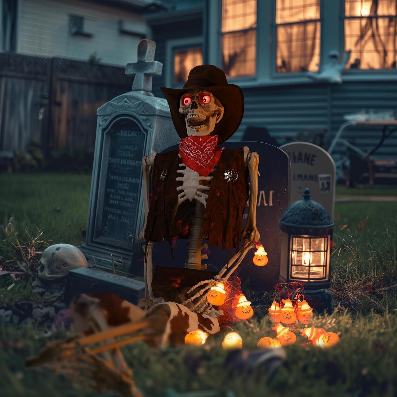 Yescom Life Size Skeleton Poseable with Halloween Lights, Full Size Western Cowboy Skeleton with Glowing Eyes 5.4 Ft for Halloween Party Decorations Haunted House Props 2024