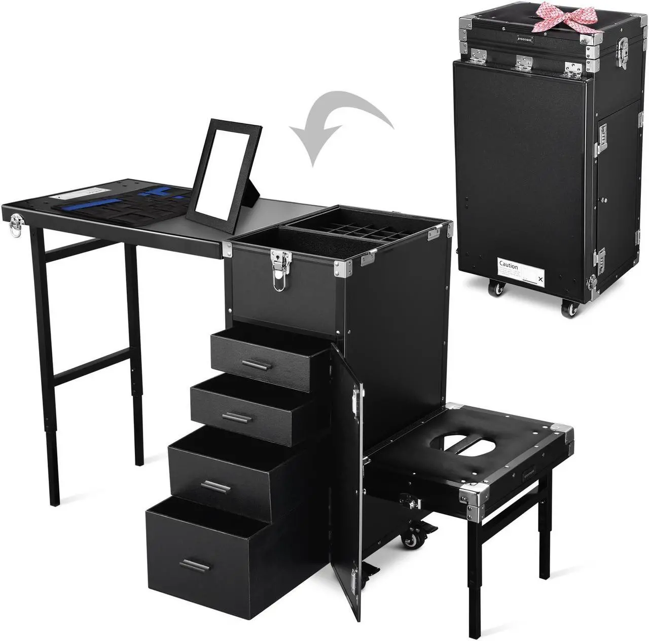 Main image of Byootique Rolling Makeup Train Case Patented Design Pedicure Nail Salon Nail Foldable Trolley Cosmetic Organizer Black with Stool
