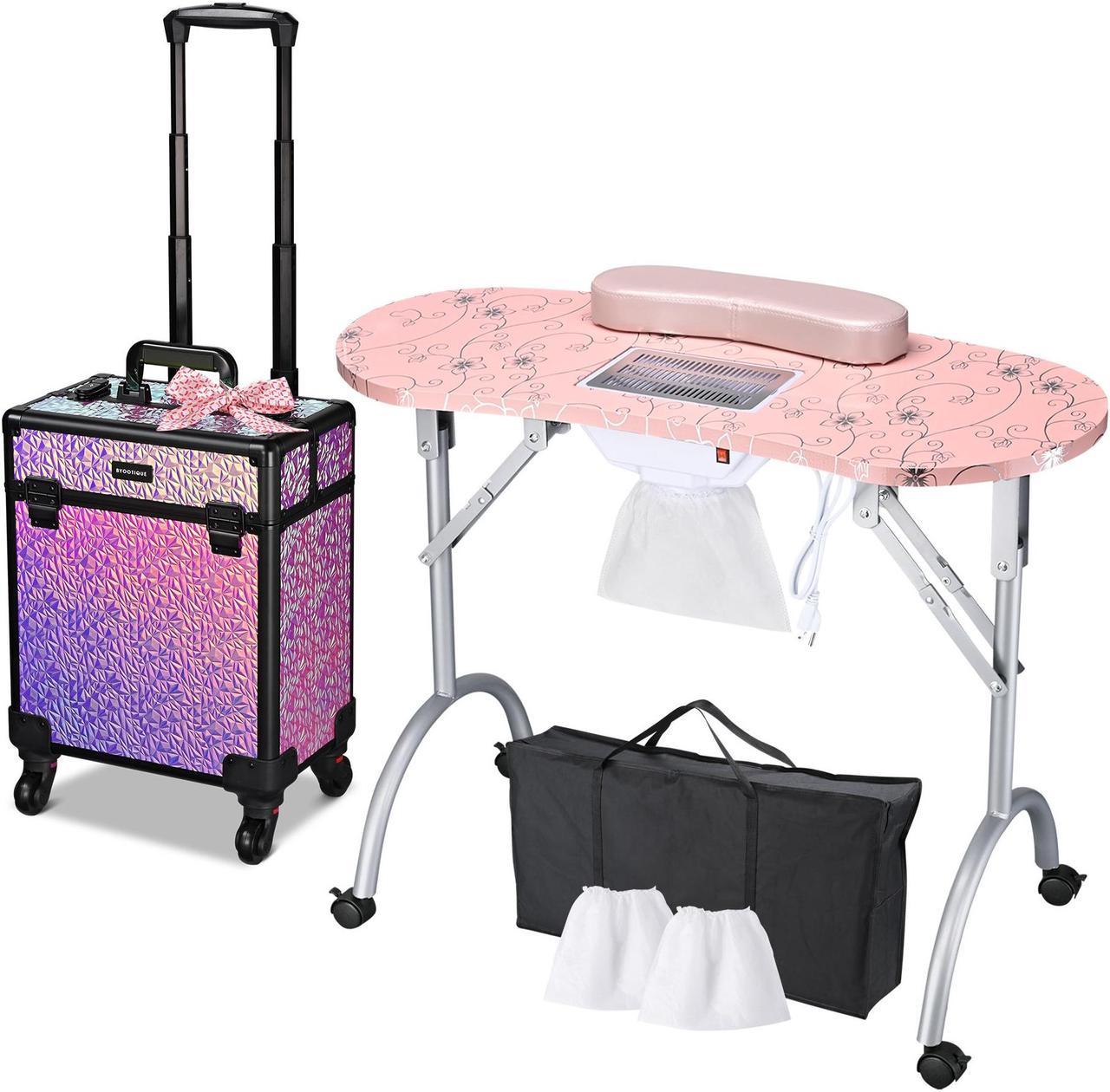 Byootique Manicure Table Nail Desk & Rolling Makeup Train Case Kit Mermaid Pink