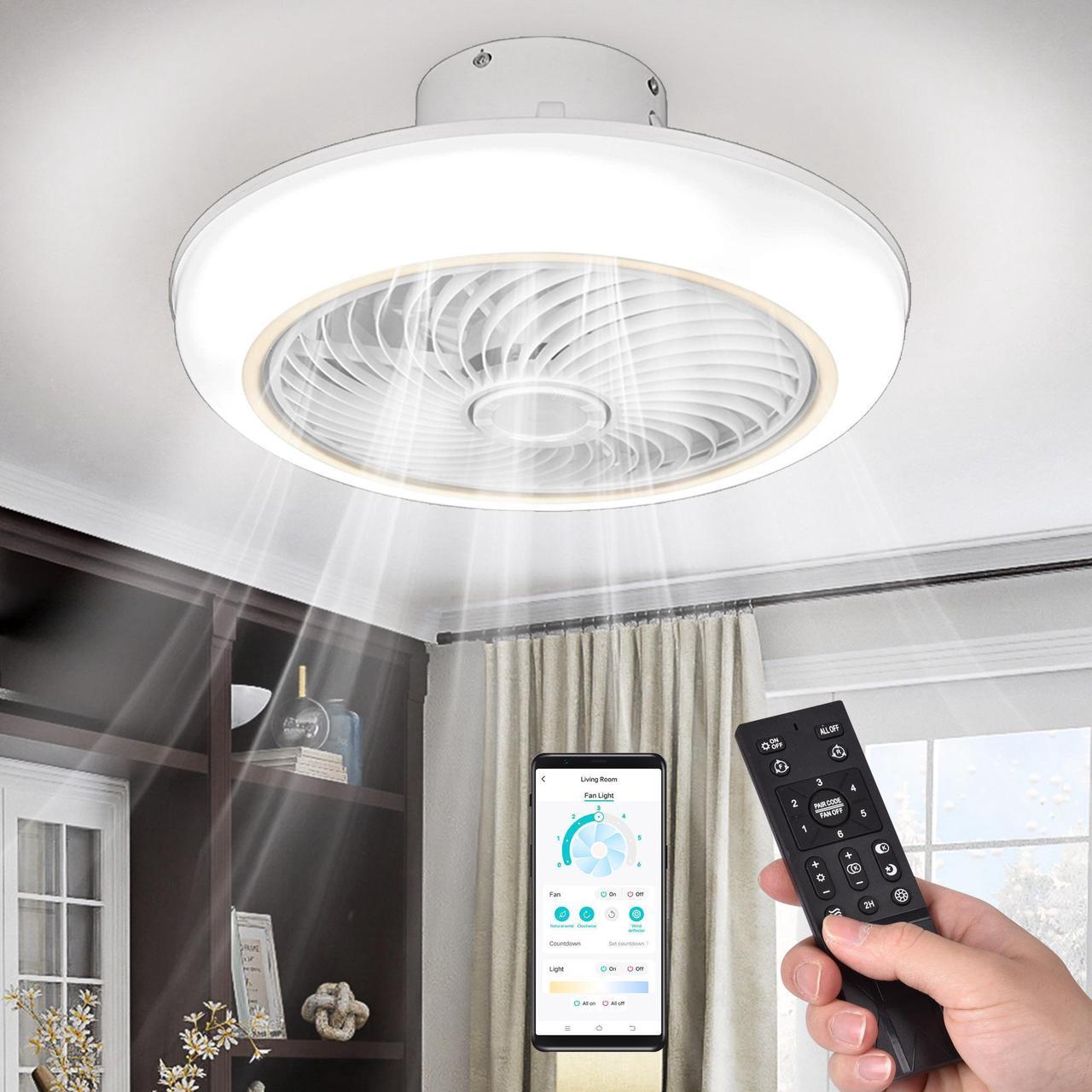 DELight 18" Enclosed Ceiling Fan Low Profile Dimmable LED Light APP & Remote Control Lamp Smart timing Home Kitchen