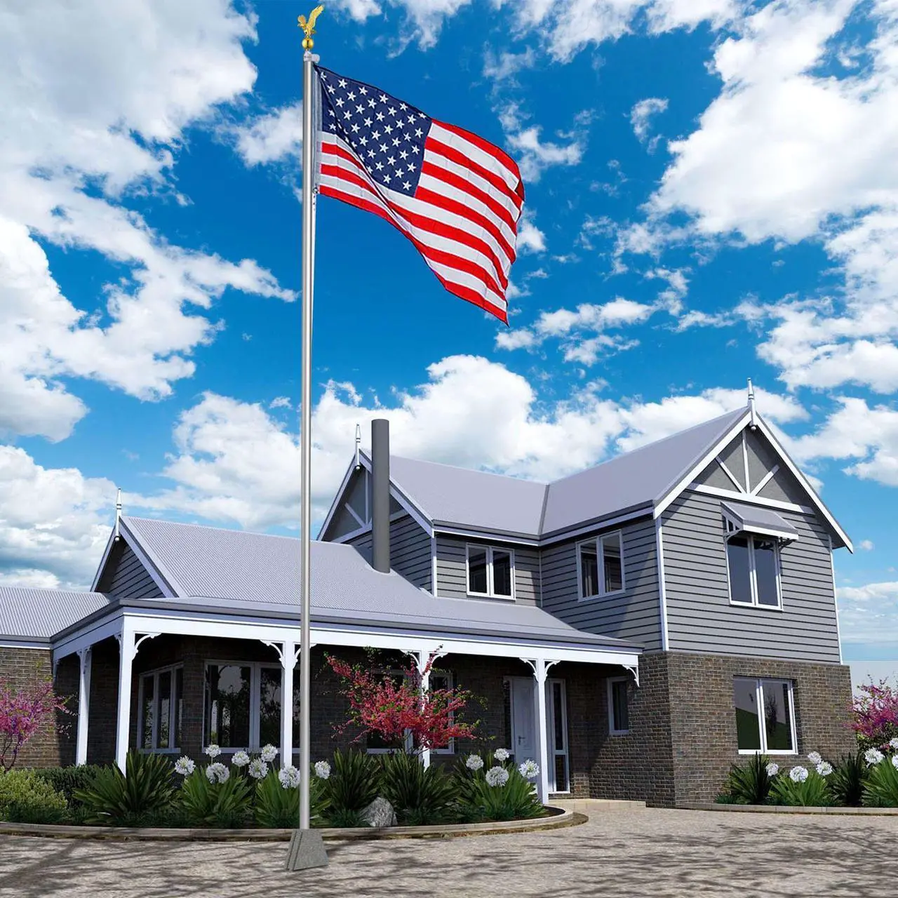 Alt view image 7 of 7 - Yescom Bravery 20Ft Eagle Topper Sectional Flag Pole Kit Aluminum Outside Inground Garden with 3'x5' USA Flag Silver