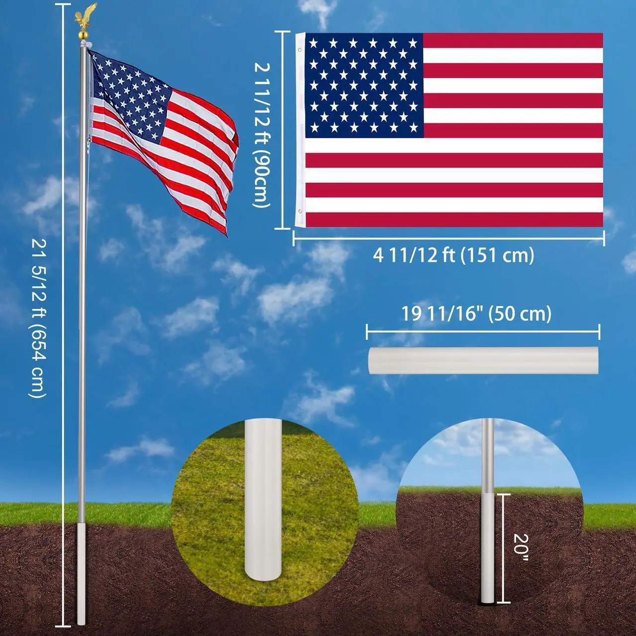 Alt view image 5 of 7 - Yescom Bravery 20Ft Eagle Topper Sectional Flag Pole Kit Aluminum Outside Inground Garden with 3'x5' USA Flag Silver