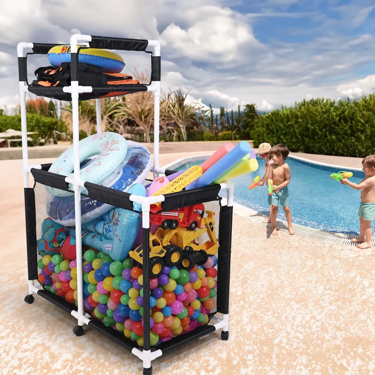 Alt view image 6 of 7 - Yescom Mesh Pool Storage Bin Rolling Toys Floats Cart Extra Large PVC Framed 6 Wheels with Black Cover Replacement