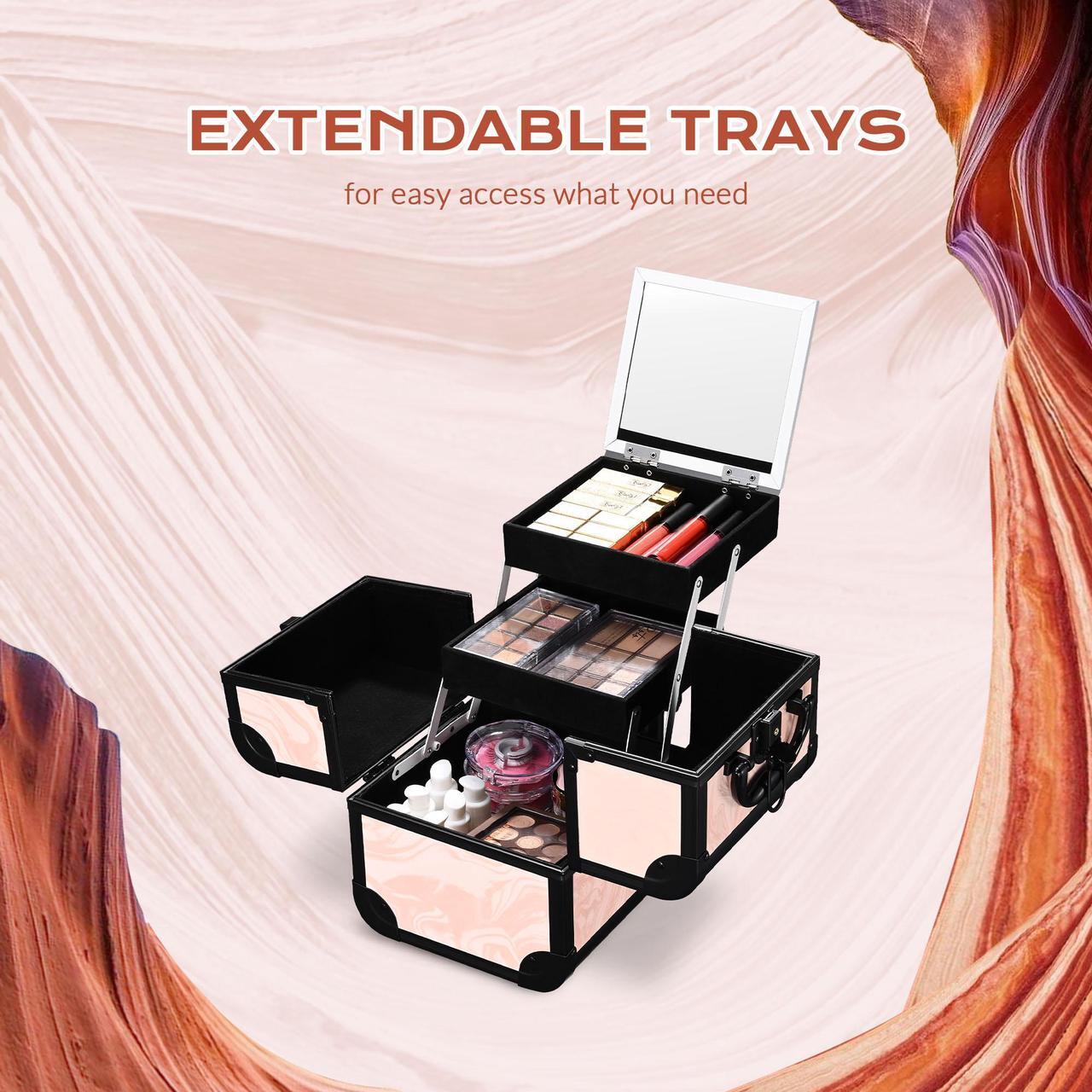 Alt view image 5 of 7 - Byootique Rolling Nail Table w/ Makeup Case Cosmetic Organizer Aluminum Pink