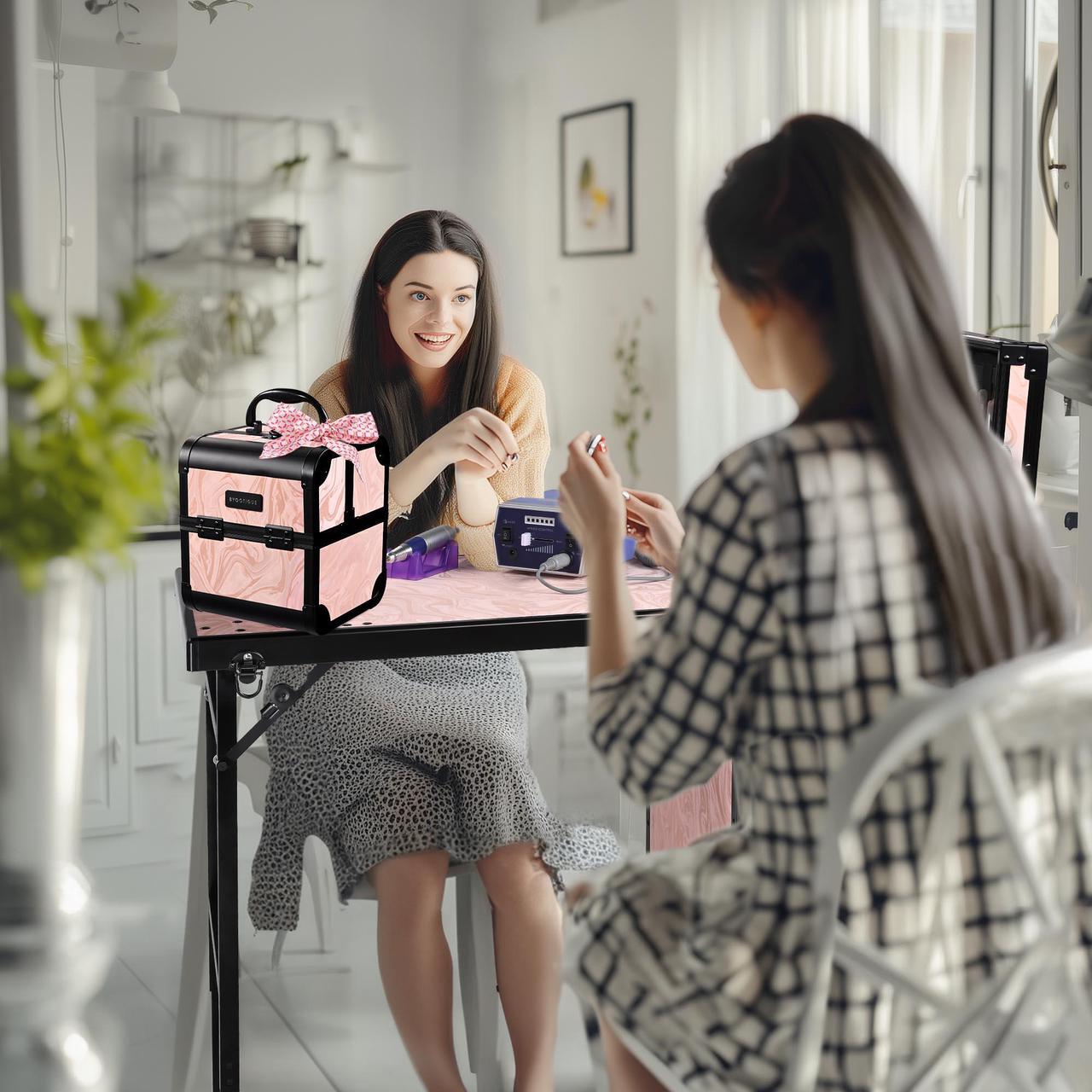 Alt view image 7 of 7 - Byootique Rolling Nail Table w/ Makeup Case Cosmetic Organizer Aluminum Pink