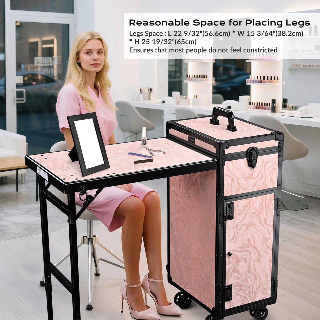 Alt view image 2 of 7 - Byootique Rolling Nail Table w/ Makeup Case Cosmetic Organizer Aluminum Pink