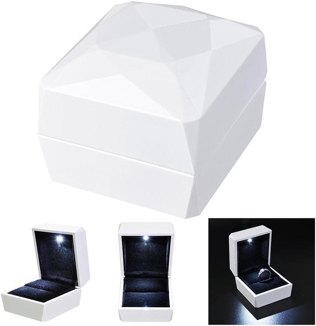 LED Light Diamond Ring Box White Velvet Jewelry Gift Wedding Proposal Engagement