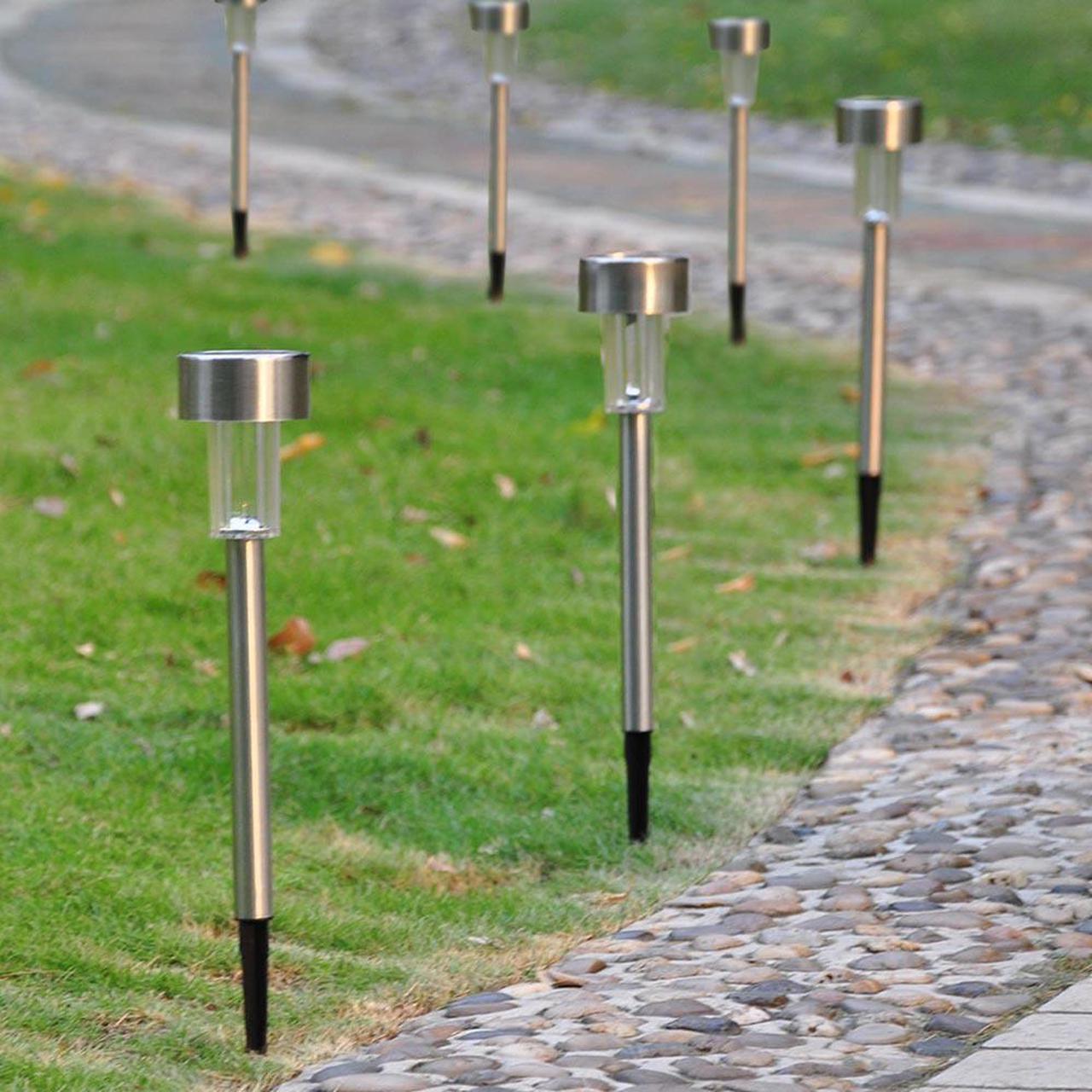 12pc White Stainless Steel Solar Powered LED Light Pathway Landscape Garden Yard