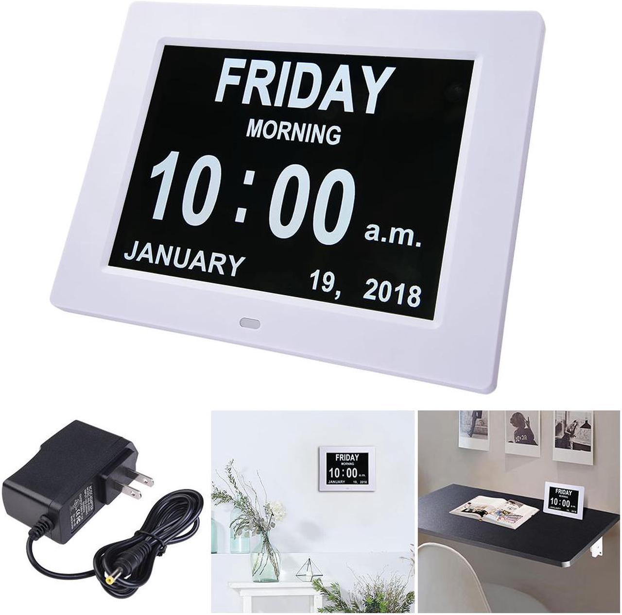 8" Large Digital LCD Day Clock 6 Alarm Options Dimmable Calendar Dementia Home Wall Table White