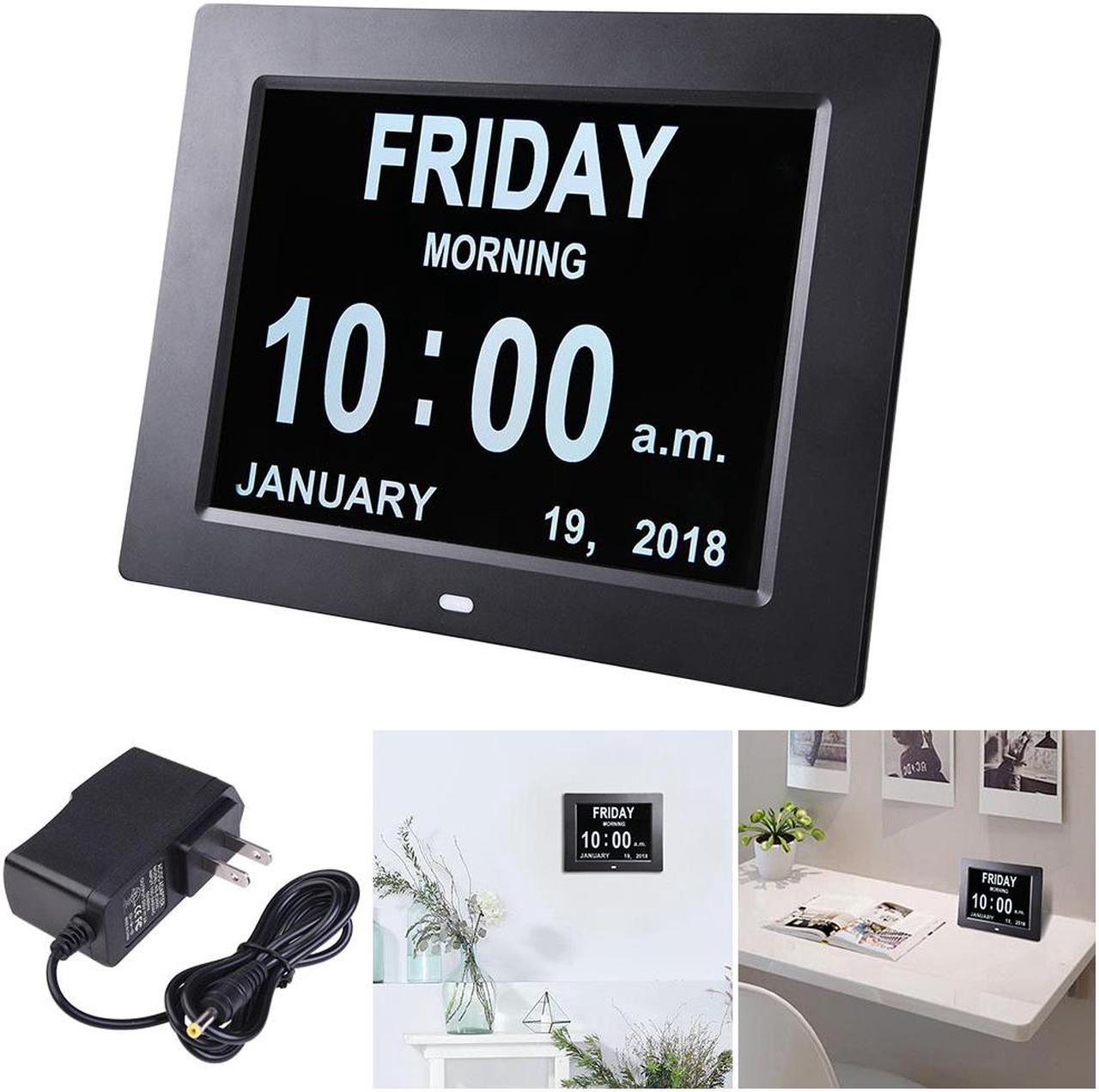 8" Large Digital LCD Day Clock 6 Alarm Options Dimmable Calendar Dementia Home Wall Table Black