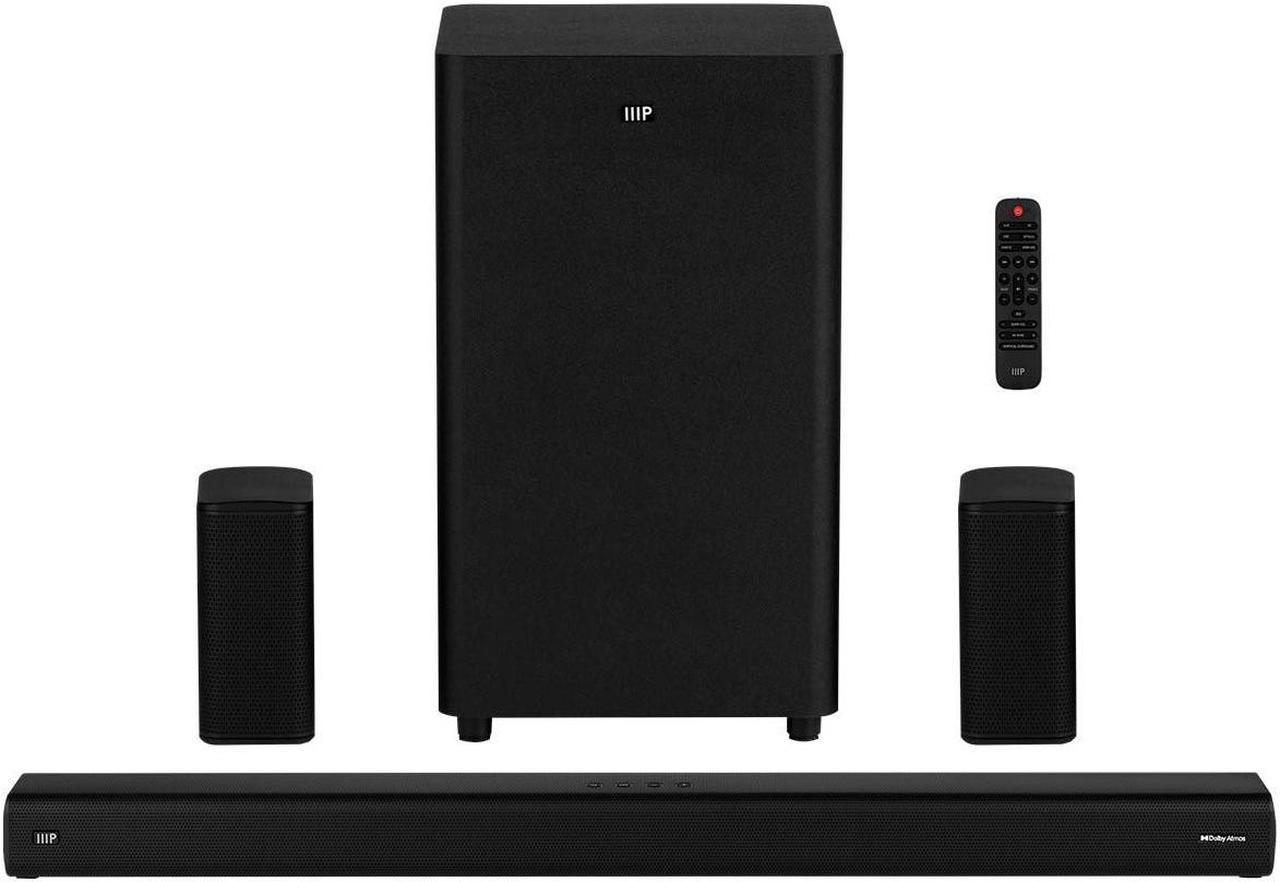 Monoprice SB-600 Dolby Atmos 5.1.2 Soundbar with Wireless Subwoofer & Wireless Satellite Speakers, HDMI Inputs, eArc, Bluetooth, Toslink, Coax, Remote