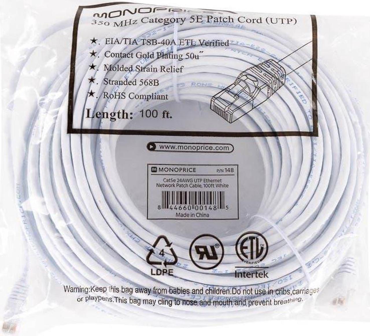 Alt view image 9 of 18 - Monoprice Cat5e Ethernet Patch Cable - 100 Feet - White | Network Internet Cord - RJ45, Stranded, 350Mhz, UTP, Pure Bare Copper Wire, 24AWG