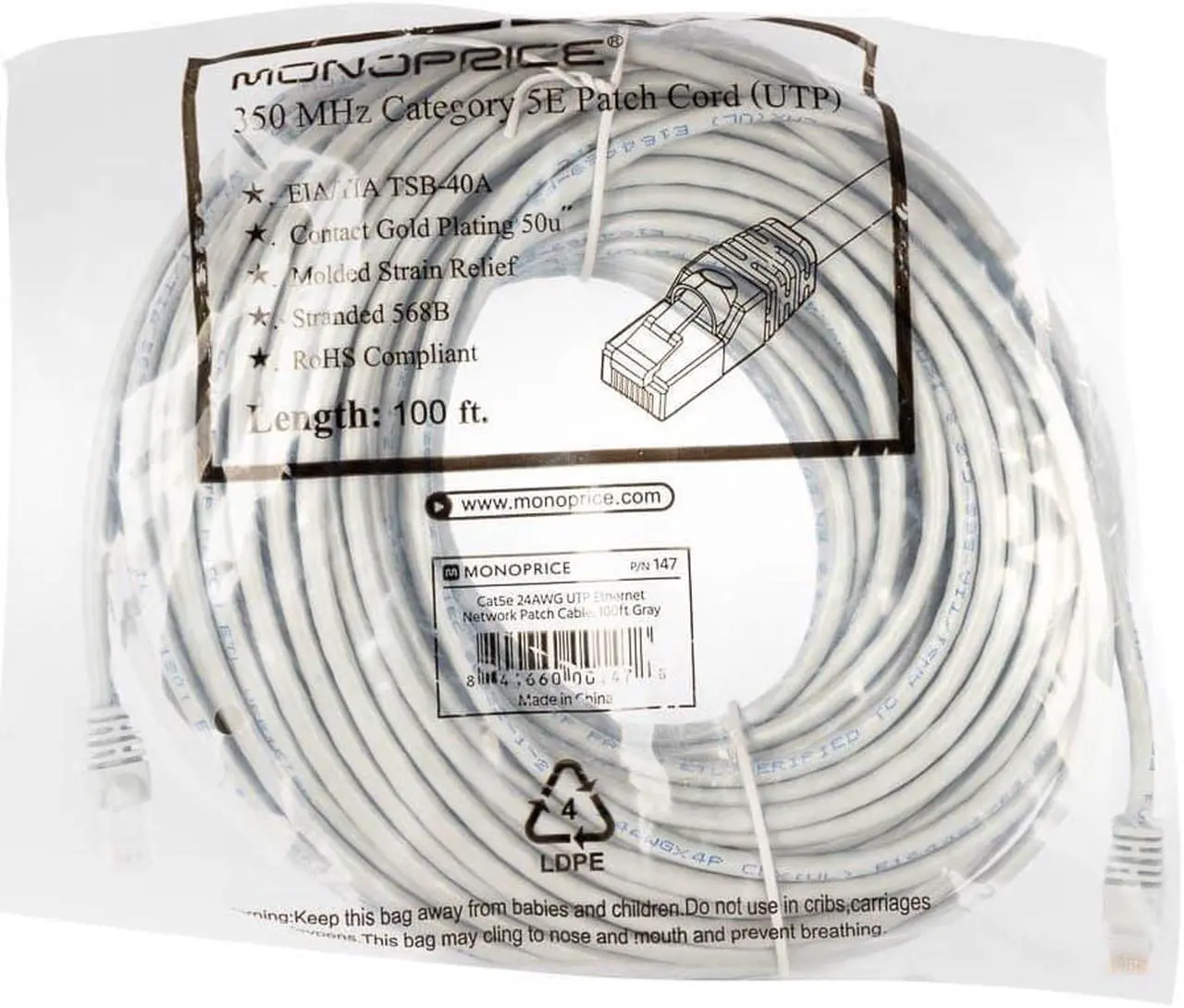 Alt view image 7 of 18 - Monoprice Cat5e Ethernet Patch Cable - 100 Feet - Gray | Network Internet Cord - RJ45, Stranded, 350Mhz, UTP, Pure Bare Copper Wire, 24AWG
