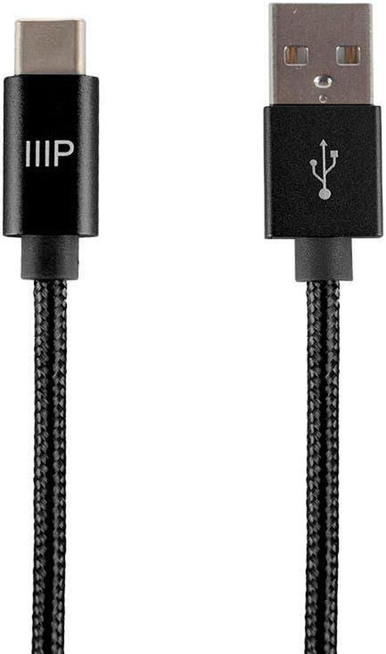 Monoprice USB 2.0 Type-C to Type-A Charge and Sync Nylon-Braid Cable - 10 Feet - Black, Up to 480Mbps, Fast Charging, Aluminum Connectors