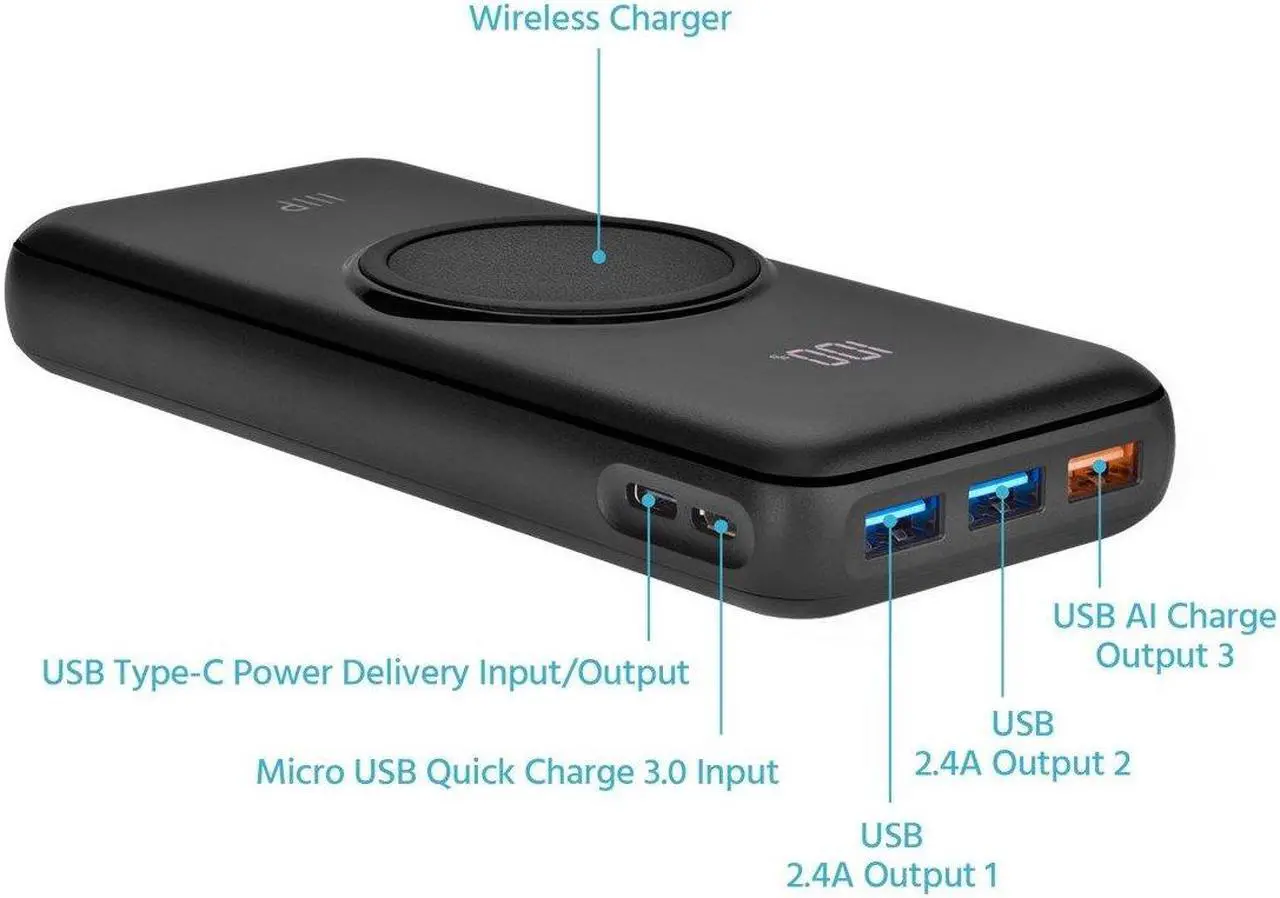 Alt view image 3 of 6 - Monoprice 20,000 mAh Power Bank with Wireless Charging, PD 20W and QC 3.0 Fast Charging, Built-In Digital LCD Display, Charge Up to 5 Devices Simultaneously, For iPhone and Android Devices