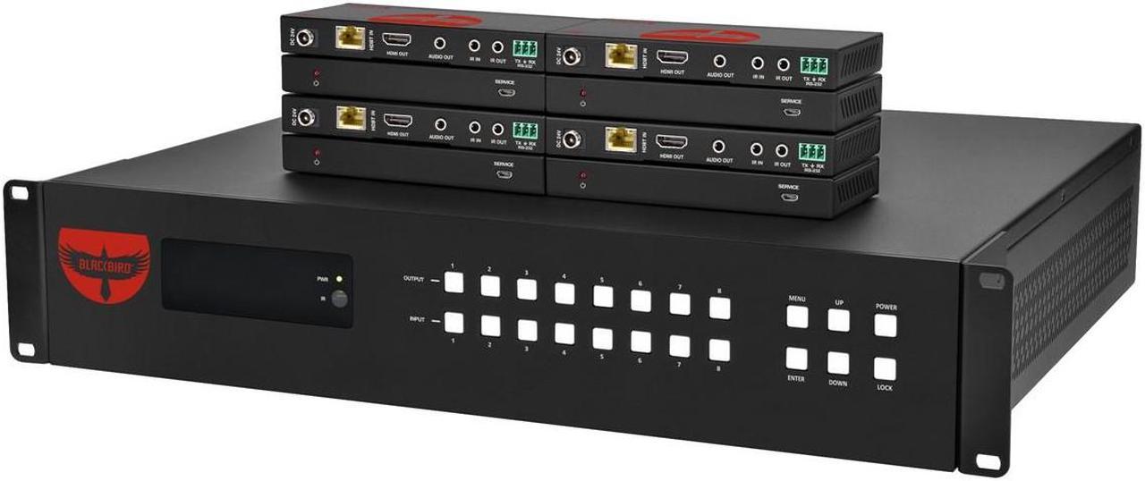 Monoprice Blackbird ProSeries 8x8 HDMI Matrix, 8 HDMI inputs, 8 HDMI and HDBaseT Mirrored Outputs, 18Gbps, 4K2K@60Hz (YUV 4:4:4), HDR, HDR10, HDR10+, EDID, HDMI 2.0b, HDCP 2.2 and HDCP 1.x, IR remote