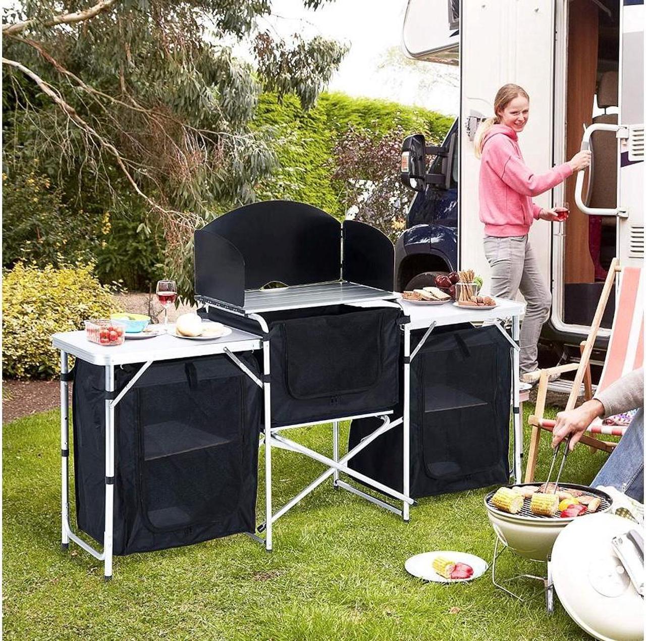 Alt view image 2 of 4 - 6 Inch Aluminum Portable Fold-Up Camping Kitchen with Windscreen and 5 Enclosed Cupboards, Cook Station, for BBQ, Camping, Picnic, Backyard