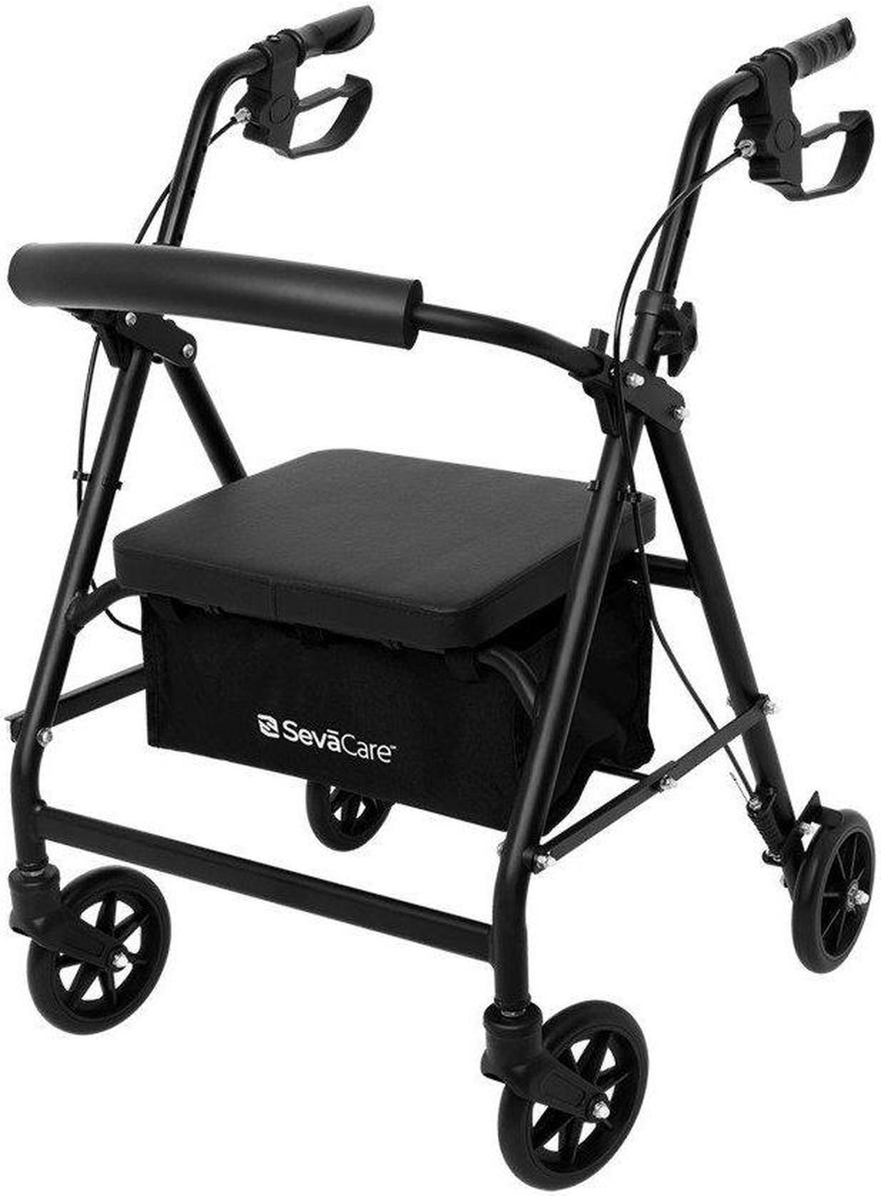 Main image of SevaCare by Monoprice Walker Roller, 4 x 6" Wheels, Seat with Storage Basket, Dual Hand Brakes, Padded Backrest, 6063 T5 Aluminum Frame, Adjustable Handle Height from 59" to 71", up to 300lbxMax Load