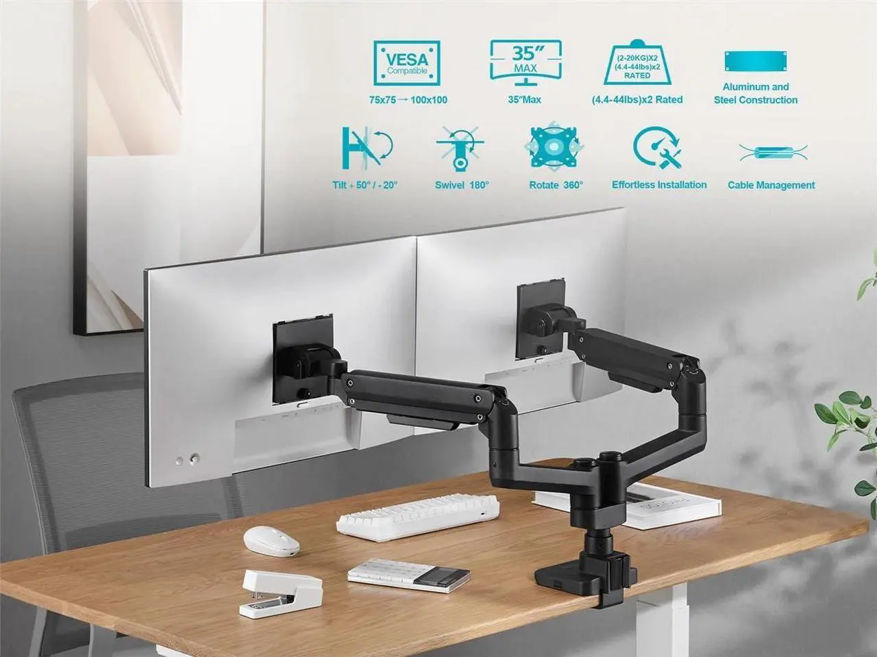 Alt view image 6 of 6 - Workstream by Monoprice Heavy Duty Dual Monitor Gas Spring Desk Mount - Up to 35in/44 lbs Ultrawide Screens, Detachable