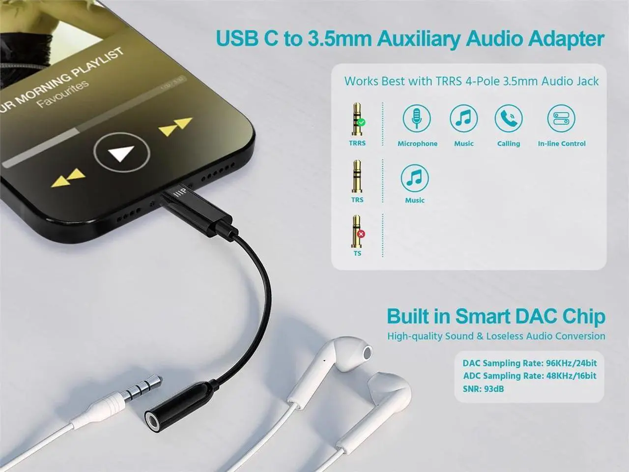 Alt view image 7 of 7 - Monoprice USB-C to 3.5mm Audio Auxiliary Adapter - Black Ideal For Smartphones, Androids, LG, HTC