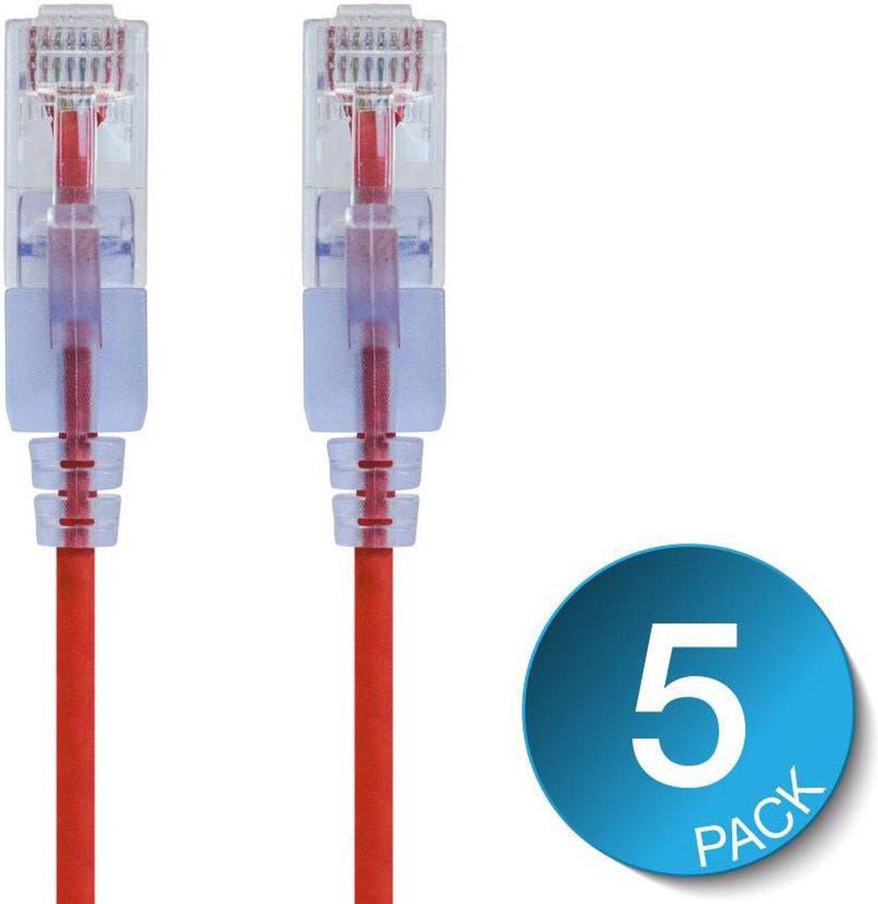 Monoprice SlimRun Cat6A Ethernet Patch Cable - Network Internet Cord - RJ45, 550Mhz, UTP, Pure Bare Copper Wire, 10G, 30AWG, 7ft, Red, 5-Pack