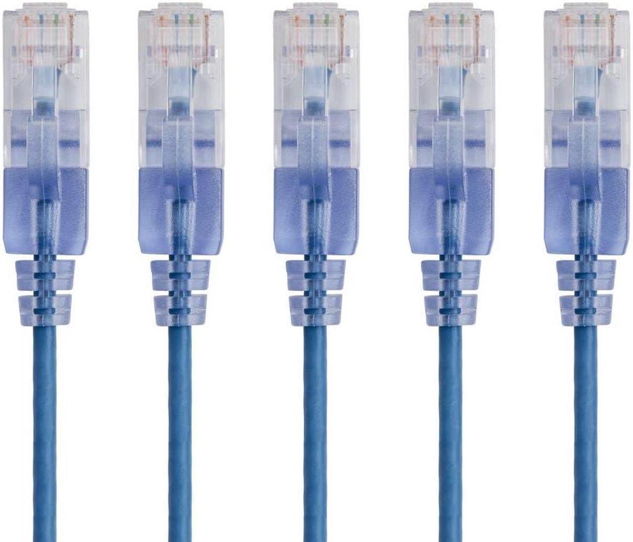 Monoprice SlimRun Cat6A Ethernet Patch Cable - Network Internet Cord - RJ45, 550Mhz, UTP, Pure Bare Copper Wire, 10G, 30AWG, 7ft, Blue, 5-Pack