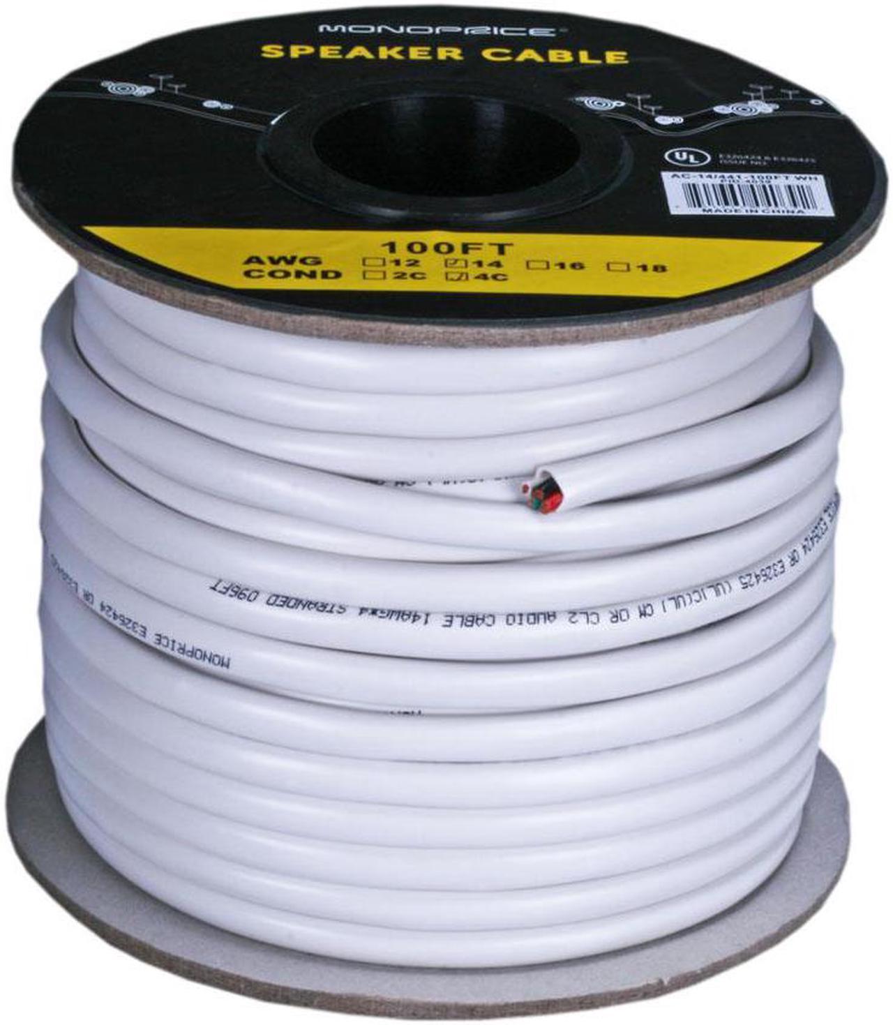 Monoprice Access Series 14 Gauge AWG CL2 Rated 4 Conductor Speaker Wire / Cable - 100ft Fire Safety In Wall Rated, Jacketed In White PVC Material 99.9% Oxygen-Free Pure Bare Copper