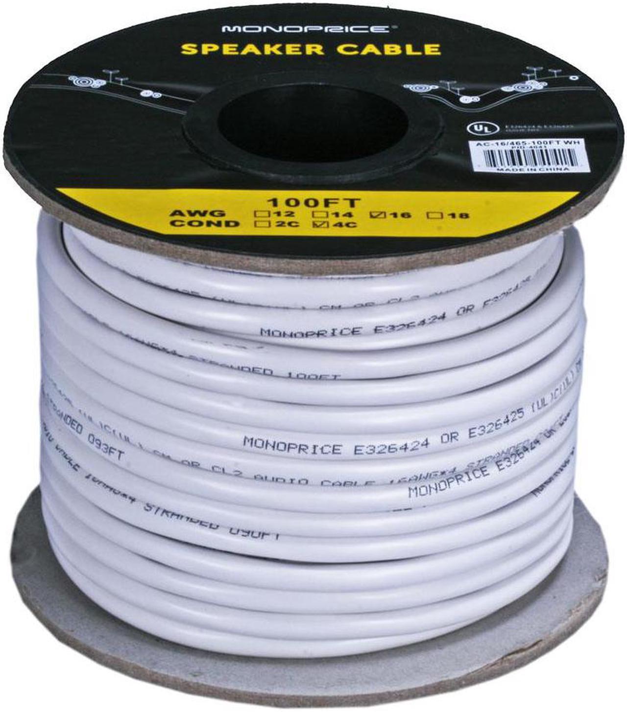 Monoprice Access Series 16 Gauge AWG CL2 Rated 4 Conductor Speaker Wire / Cable - 100ft Fire Safety In Wall Rated, Jacketed In White PVC Material 99.9% Oxygen-Free Pure Bare Copper