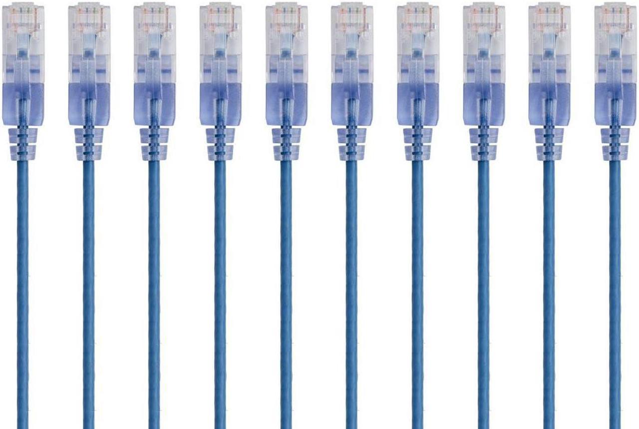 Monoprice SlimRun Cat6A Ethernet Patch Cable - Network Internet Cord - RJ45, 550Mhz, UTP, Pure Bare Copper Wire, 10G, 30AWG, 10ft, Blue, 10-Pack