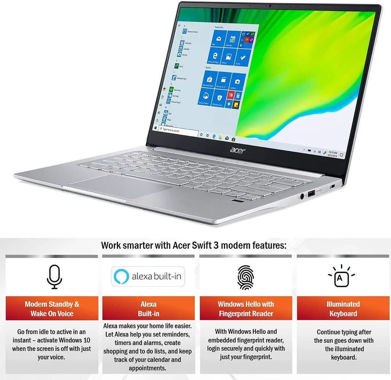 Alt view image 3 of 7 - Acer Swift 3 Thin & Light Laptop, 14" Full HD IPS, AMD Ryzen 7 4700U Octa-Core, Radeon Graphics, 8GB RAM, 1TB NVMe-PCIe SSD, Wi-Fi 6, Backlit Keyboard, Fingerprint Reader, Windows 10 Home