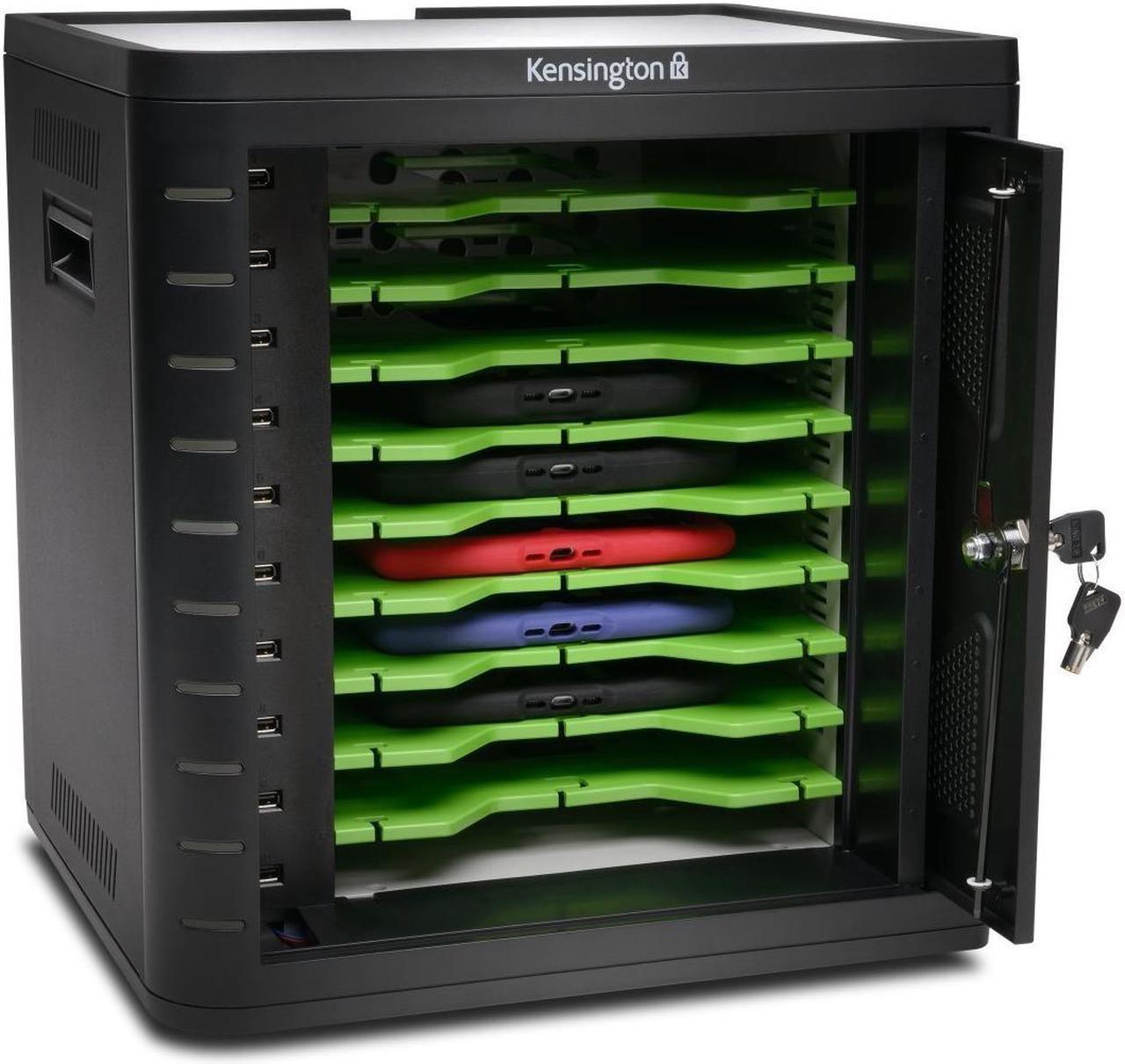 Kensington new Charge and Sync secure cabinet in Black for upto 10 universal tablets , has adjustable shelves to allow t