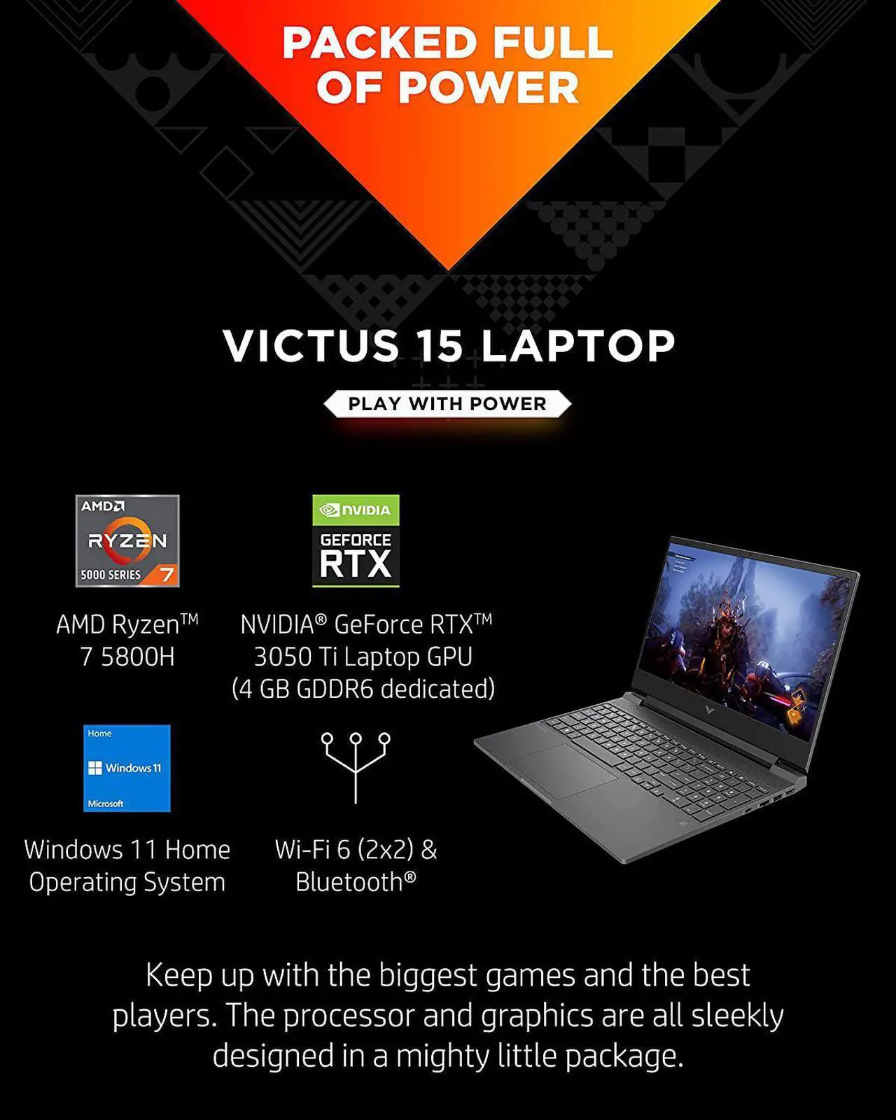 Alt view image 2 of 7 - HP Victus 15.6" Gaming Laptop PC, NVIDIA GeForce RTX 3050 Ti, AMD Ryzen 7 5800H, Refined 1080p IPS Display, Compact Design, All-in-One Keyboard with Enlarged Touchpad, HD Webcam (15-fb0028nr, 2022)