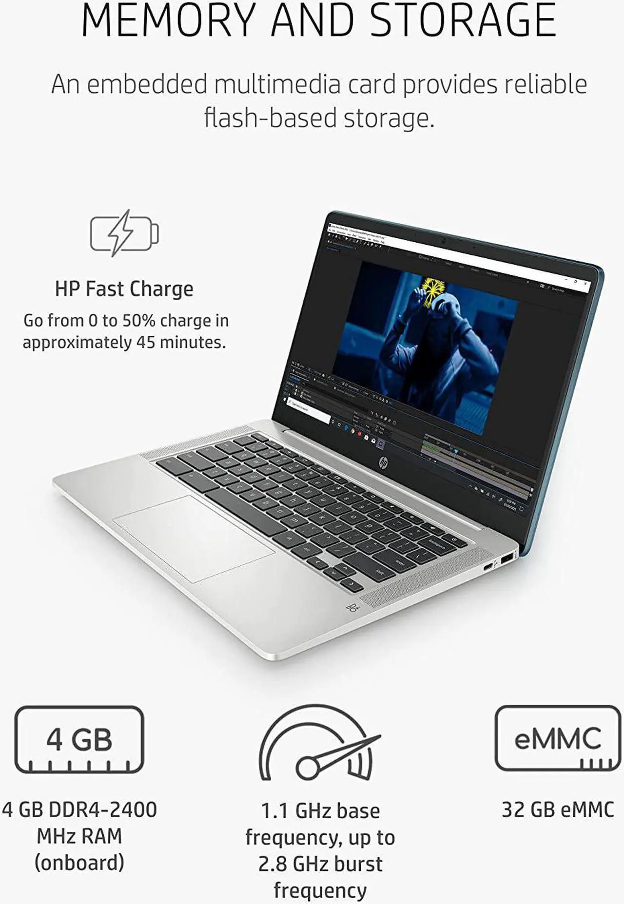 Alt view image 4 of 19 - HP Chromebook 14a-na0120nr 14" HD Laptop Intel Celeron N4020 1.10GHz up to 2.80GHz Dual-core, Intel UHD Graphics 600 4GB LPDDR4-2400 RAM 32GB eMMC Chrome OS