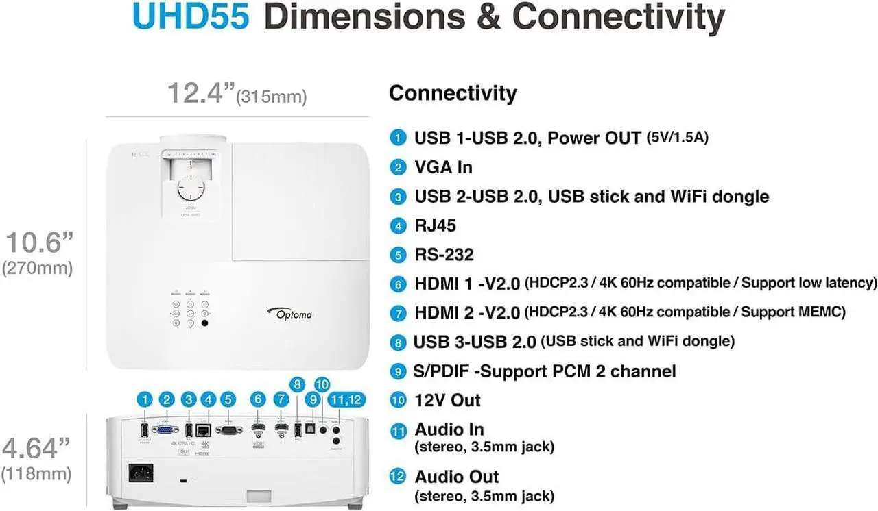 Alt view image 3 of 3 - Optoma UHD55 4K Ultra HD DLP Home Theater and Gaming Projector, Built-In Speaker
