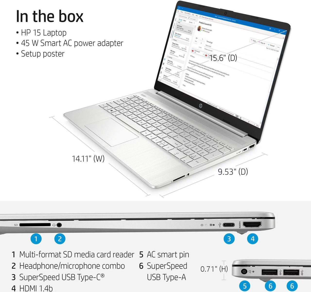 Alt view image 3 of 4 - HP 15.6" Laptop, Intel Core i3-1115G4, 8GB RAM, 256GB SSD, Natural Silver, Windows 11 Home in S mode, 15-dy2791wm