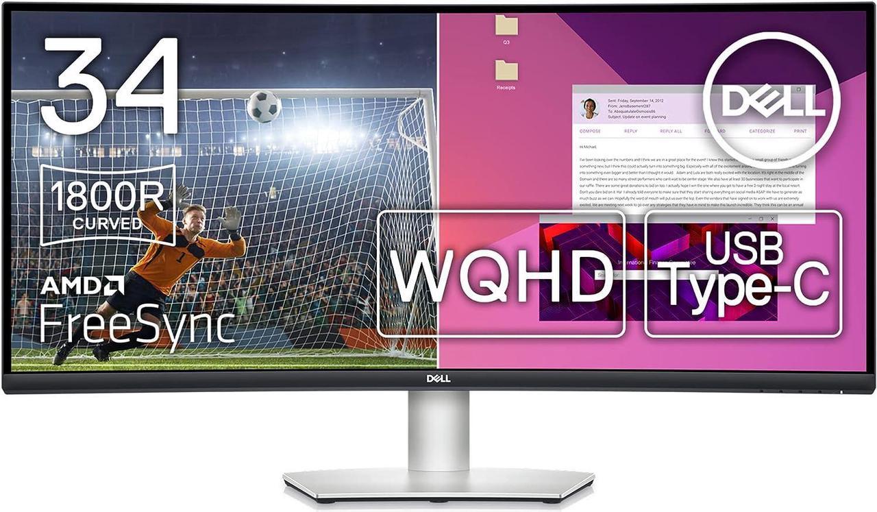 Dell S3423DWC Curved USB-C Monitor - 34-Inch WQHD (3440x1440) 100Hz 4Ms 21:9 Display, USB-C Connectivity, 2 x 5w Audio Output, 16.7 Million Colors, Height/Tilt Adjustable - Silver