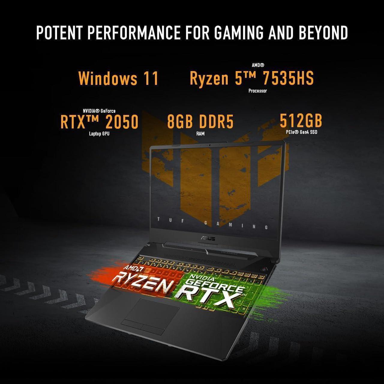 Alt view image 2 of 15 - ASUS TUF Gaming A15 (2024) Gaming Laptop, 15.6 FHD 144Hz Display, NVIDIA® GeForce RTX 3050, AMD Ryzen 5 7535HS, 8GB DDR5, 512GB PCIe® Gen4 NVMe SSD, Wi-Fi 6, Windows 11, FA506NC-ES51