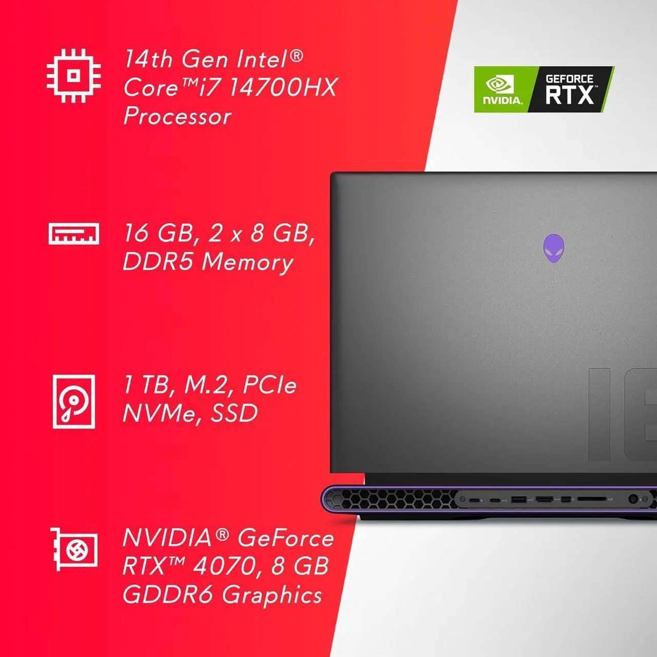 Alt view image 6 of 6 - Dell Alienware M18 Gaming Laptop - 18-inch QHD+ 165Hz 3ms Display, Intel Core i7-14700HX, 16GB DDR5 RAM, 1TB SSD, NVIDIA GeForce RTX 4070 8GB GDDR6, Windows 11 Home, Onsite Service - Dark Metallic
