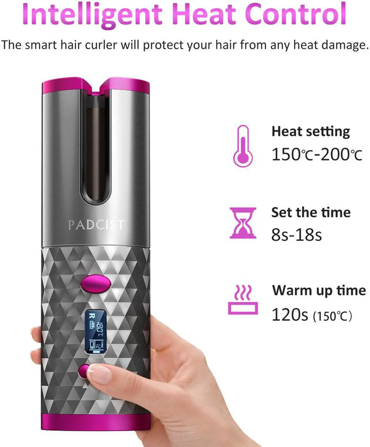 Alt view image 3 of 7 - Cordless automatic hair curler, PADCIST world's first wireless portable electric hair left and right rotating hair curler,300?-390? control device, completely anti-perm, curling perm anytime