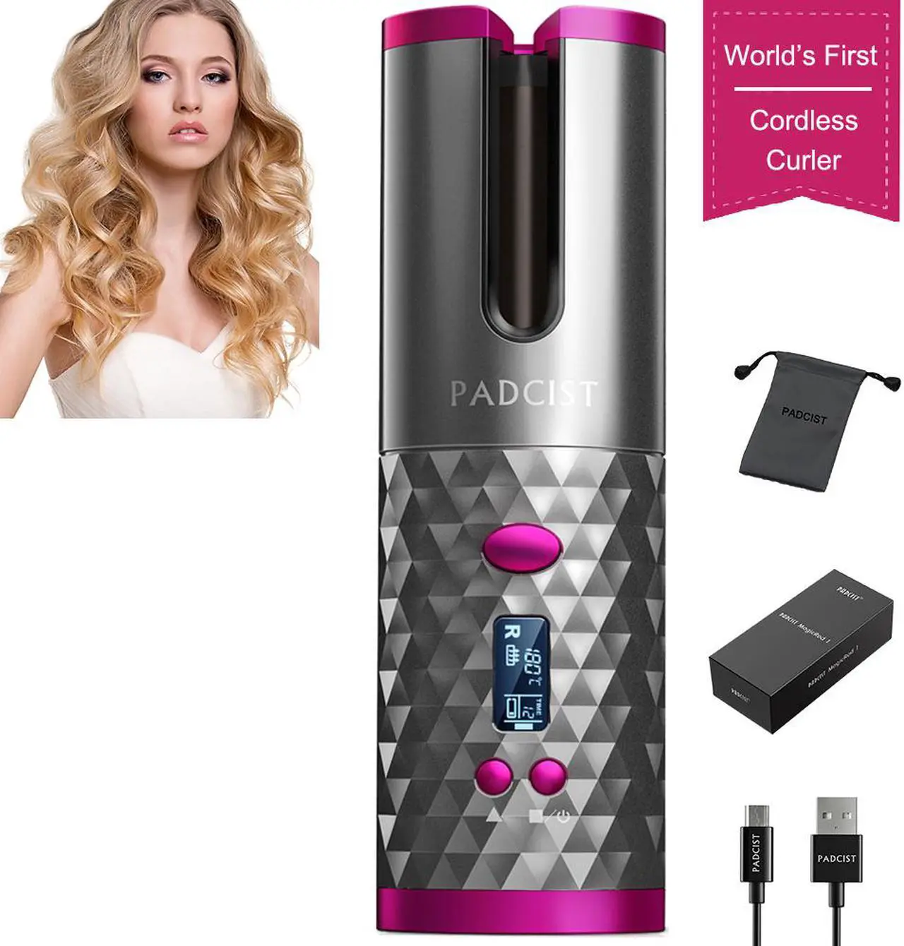 Main image of Cordless automatic hair curler, PADCIST world's first wireless portable electric hair left and right rotating hair curler,300?-390? control device, completely anti-perm, curling perm anytime