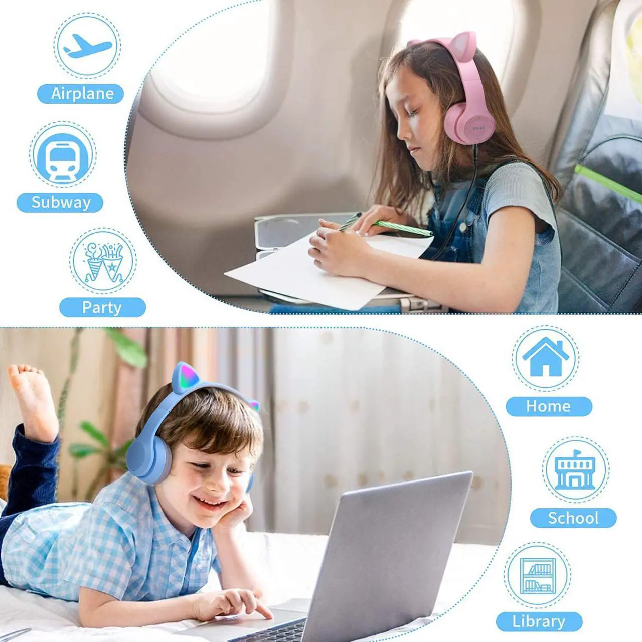 Alt view image 7 of 7 - Bluetooth Cat Ear Kids Headphones with Mic, Wireless/Wired Foldable Over-Ear Headset with Led Light UP & 85db Volume Limited for School, Online Learning, Boys, Girls, Children, Tablet, iPad & PC