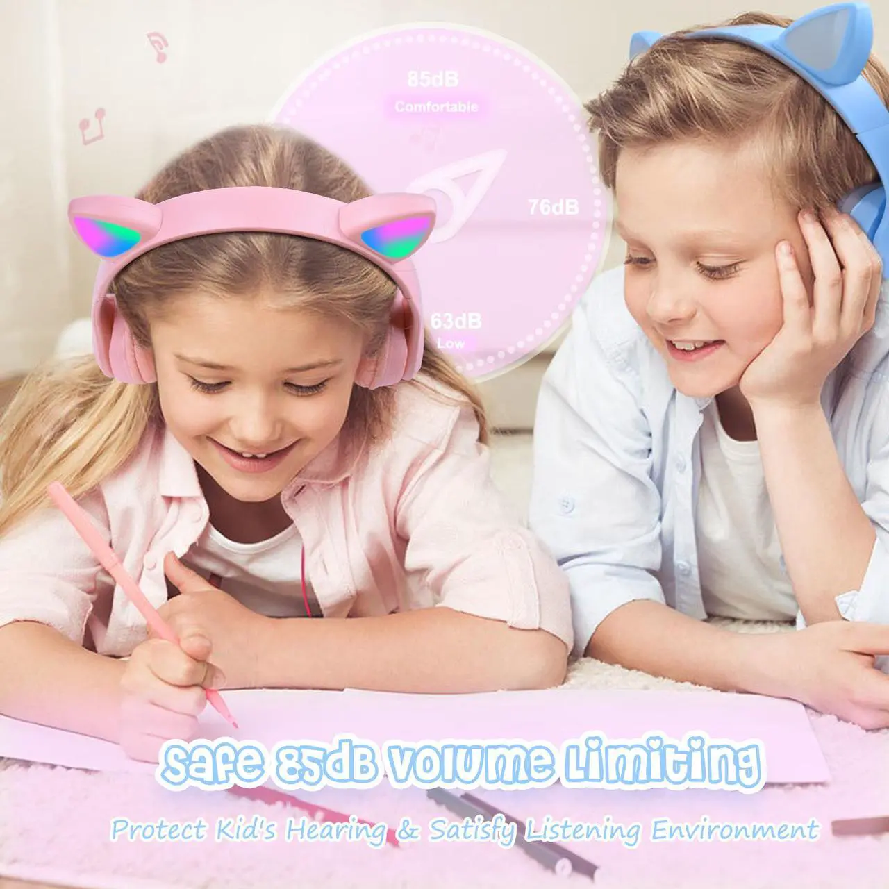 Alt view image 5 of 7 - Bluetooth Cat Ear Kids Headphones with Mic, Wireless/Wired Foldable Over-Ear Headset with Led Light UP & 85db Volume Limited for School, Online Learning, Boys, Girls, Children, Tablet, iPad & PC