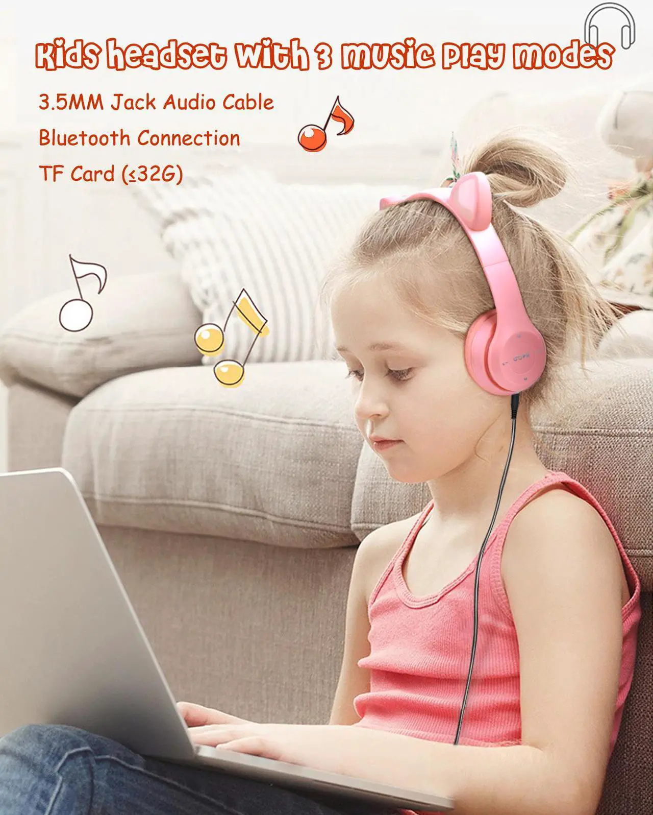 Alt view image 6 of 7 - Bluetooth Cat Ear Kids Headphones with Mic, Wireless/Wired Foldable Over-Ear Headset with Led Light UP & 85db Volume Limited for School, Online Learning, Boys, Girls, Children, Tablet, iPad & PC