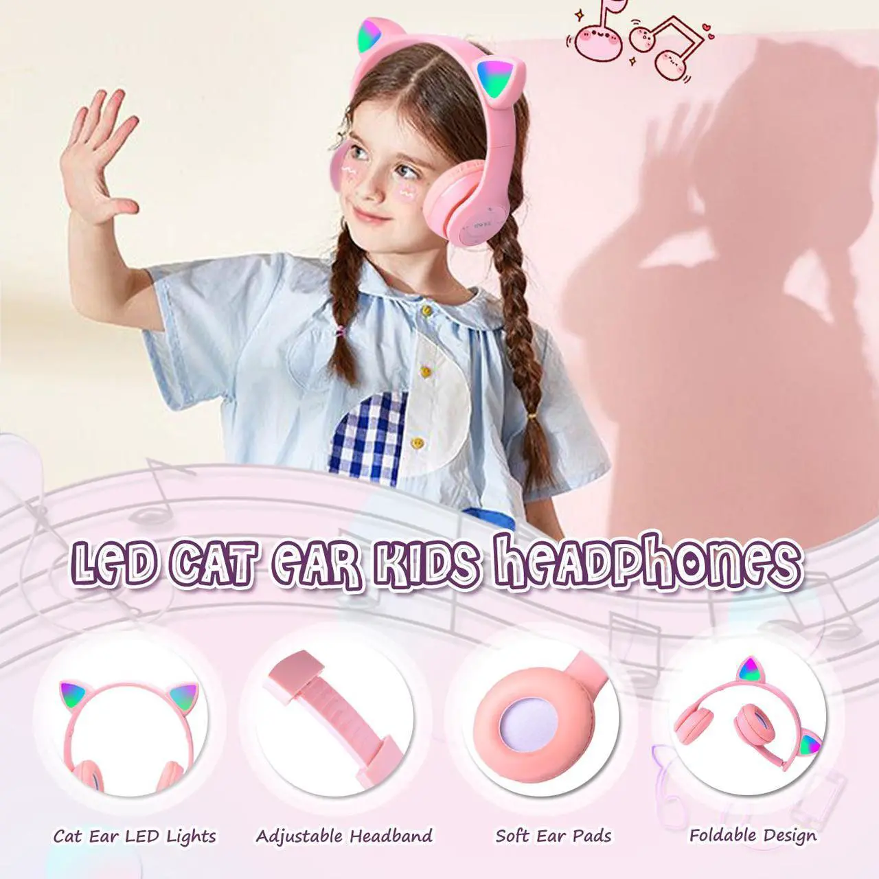 Alt view image 3 of 7 - Bluetooth Cat Ear Kids Headphones with Mic, Wireless/Wired Foldable Over-Ear Headset with Led Light UP & 85db Volume Limited for School, Online Learning, Boys, Girls, Children, Tablet, iPad & PC