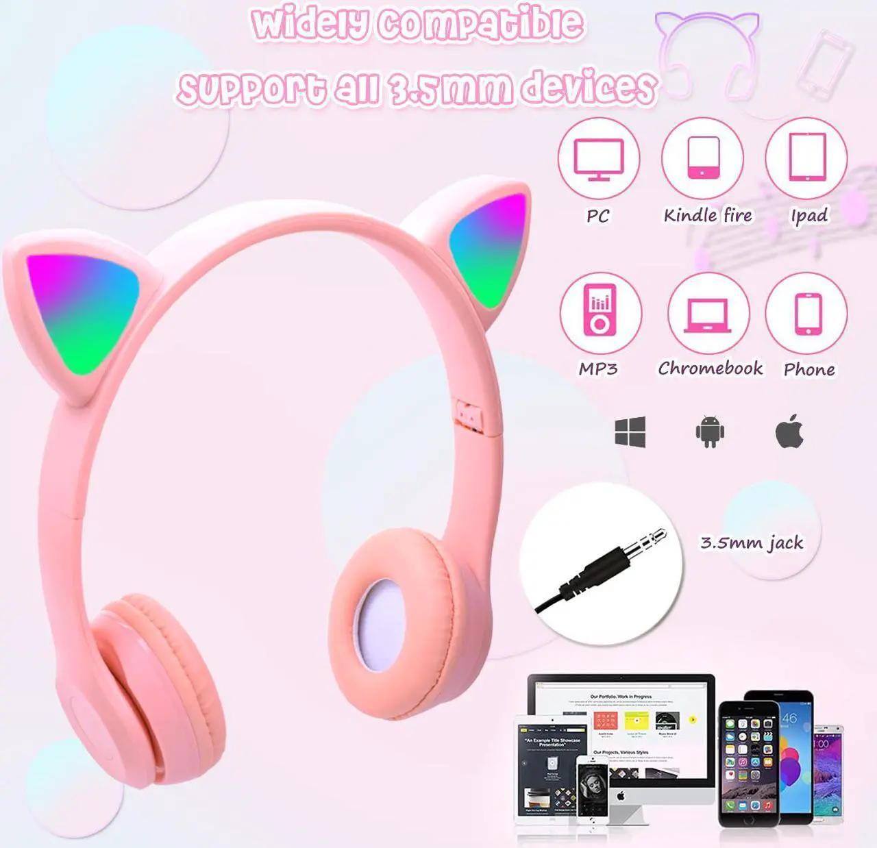 Alt view image 4 of 7 - Bluetooth Cat Ear Kids Headphones with Mic, Wireless/Wired Foldable Over-Ear Headset with Led Light UP & 85db Volume Limited for School, Online Learning, Boys, Girls, Children, Tablet, iPad & PC